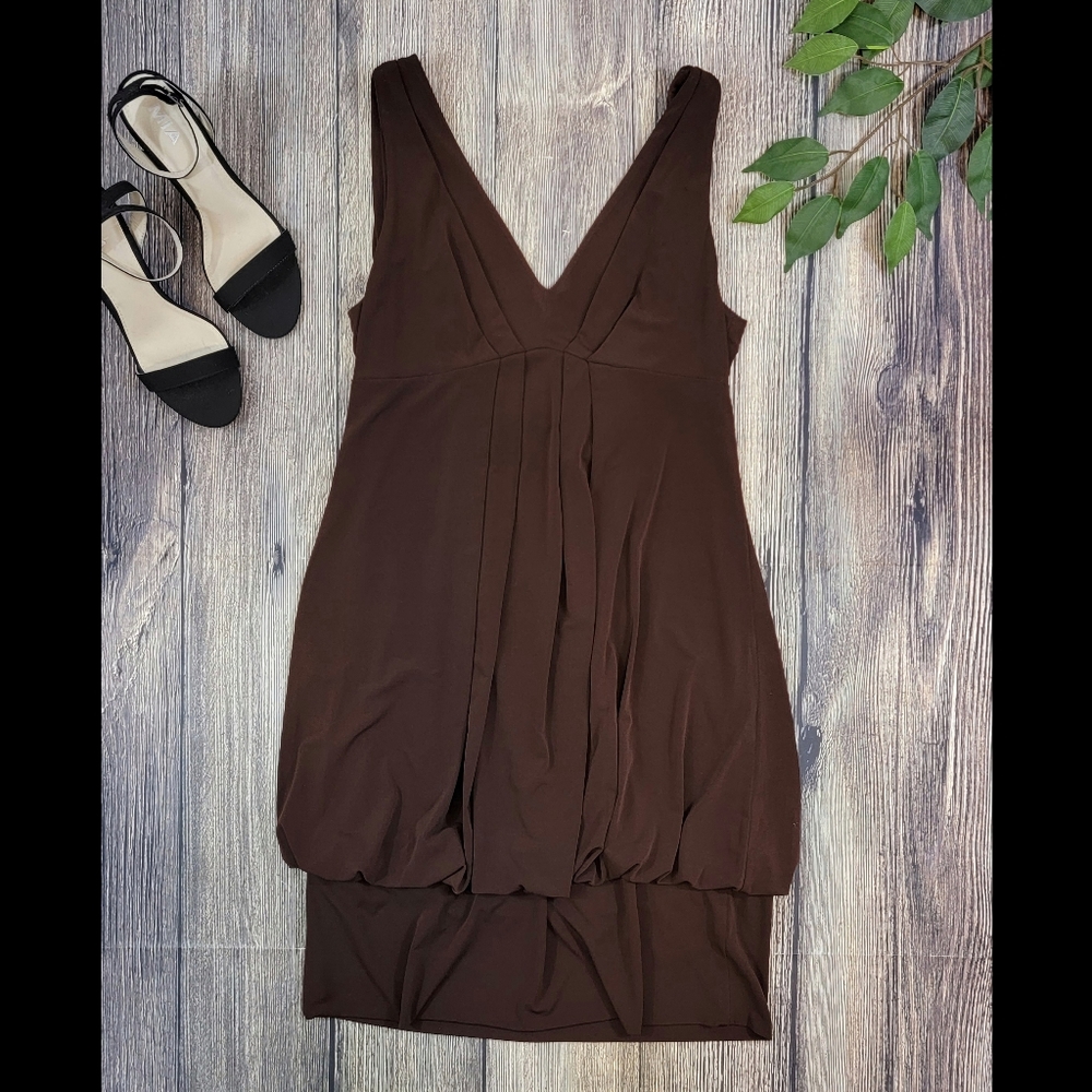 Eliza J Missy V Neck Drape Back Brown Bubble Hem Dress